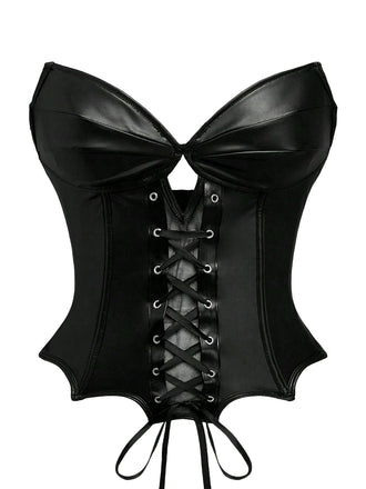 Black 1970s Leather Gothic Bat Wing Corset - vintage fashion, retro style, classic black