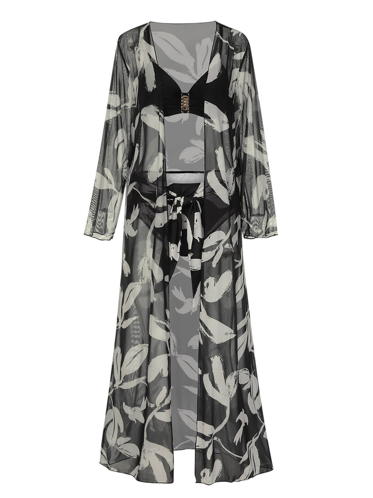 Black 1970s Leaves Strap Bikini & Long Cover-Up, vintage swimsuit, pin-up swimwear - perfect for women who love vintage and retro fashion