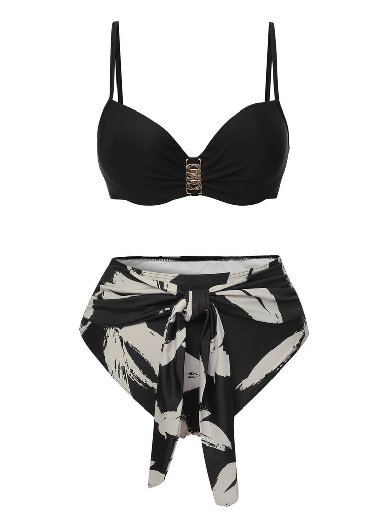 Black 1970s Leaves Strap Bikini & Long Cover-Up, vintage swimsuit, pin-up swimwear - perfect for women who love vintage and retro fashion