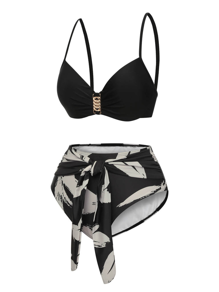 Black 1970s Leaves Strap Bikini & Long Cover-Up, vintage swimsuit, pin-up swimwear - perfect for women who love vintage and retro fashion