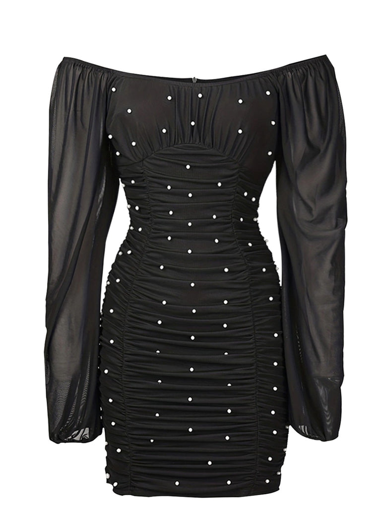 She slips into this Black 1970s Mesh Off Shoulder Pearl Wrinkle Dress and suddenly it's a 1970s daydream