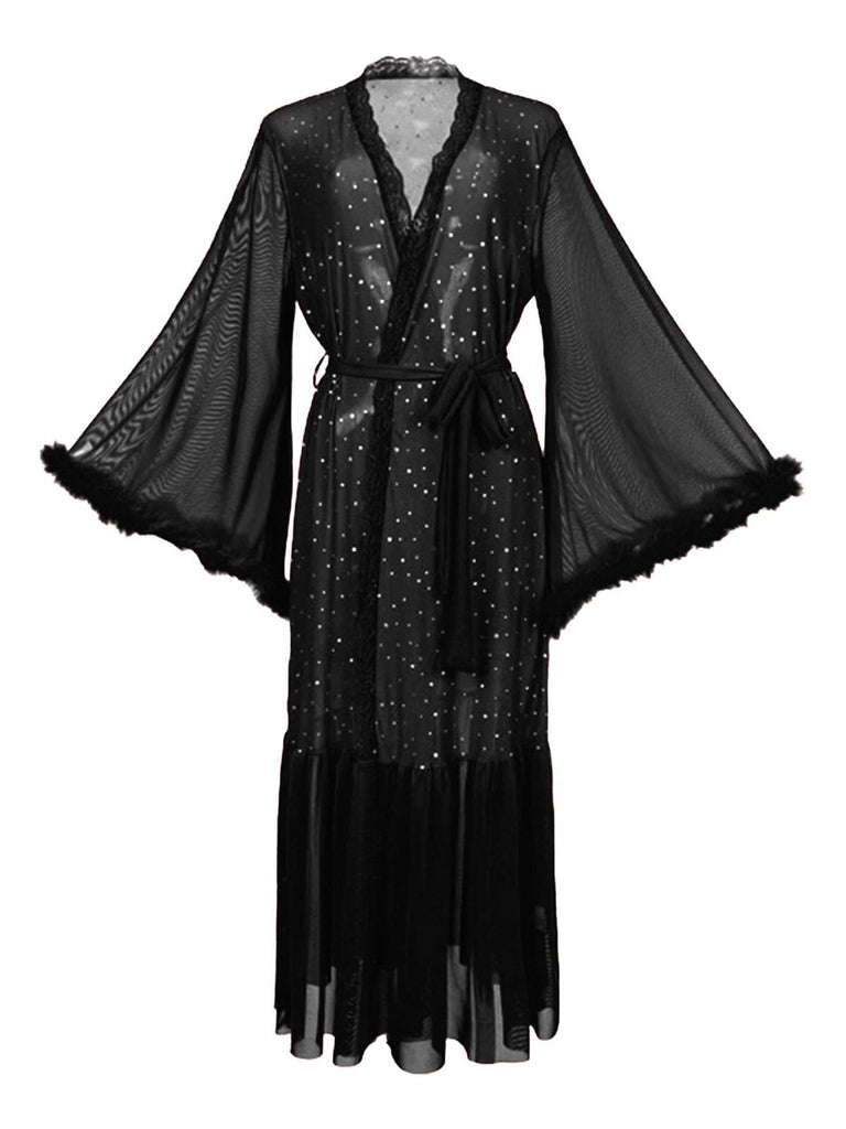 Black 1970s Sheer Glitter Mesh Belted Robes - vintage fashion, retro style, classic black