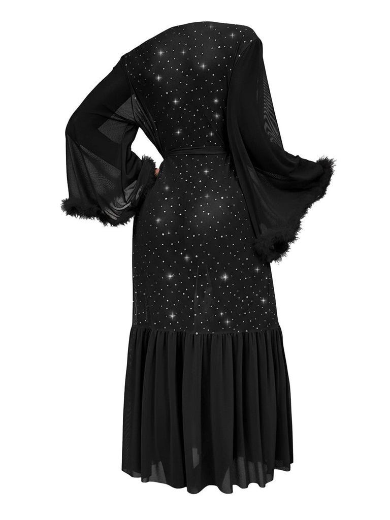 Black 1970s Sheer Glitter Mesh Belted Robes - vintage fashion, retro style, classic black