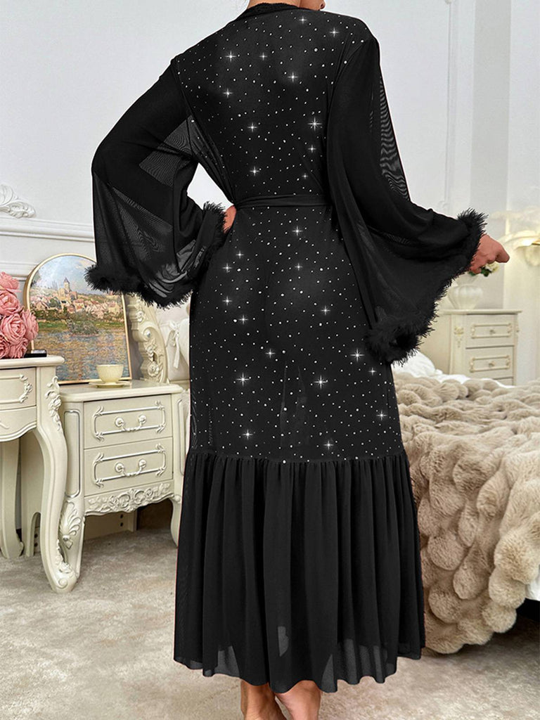 Black 1970s Sheer Glitter Mesh Belted Robes - vintage fashion, retro style, classic black