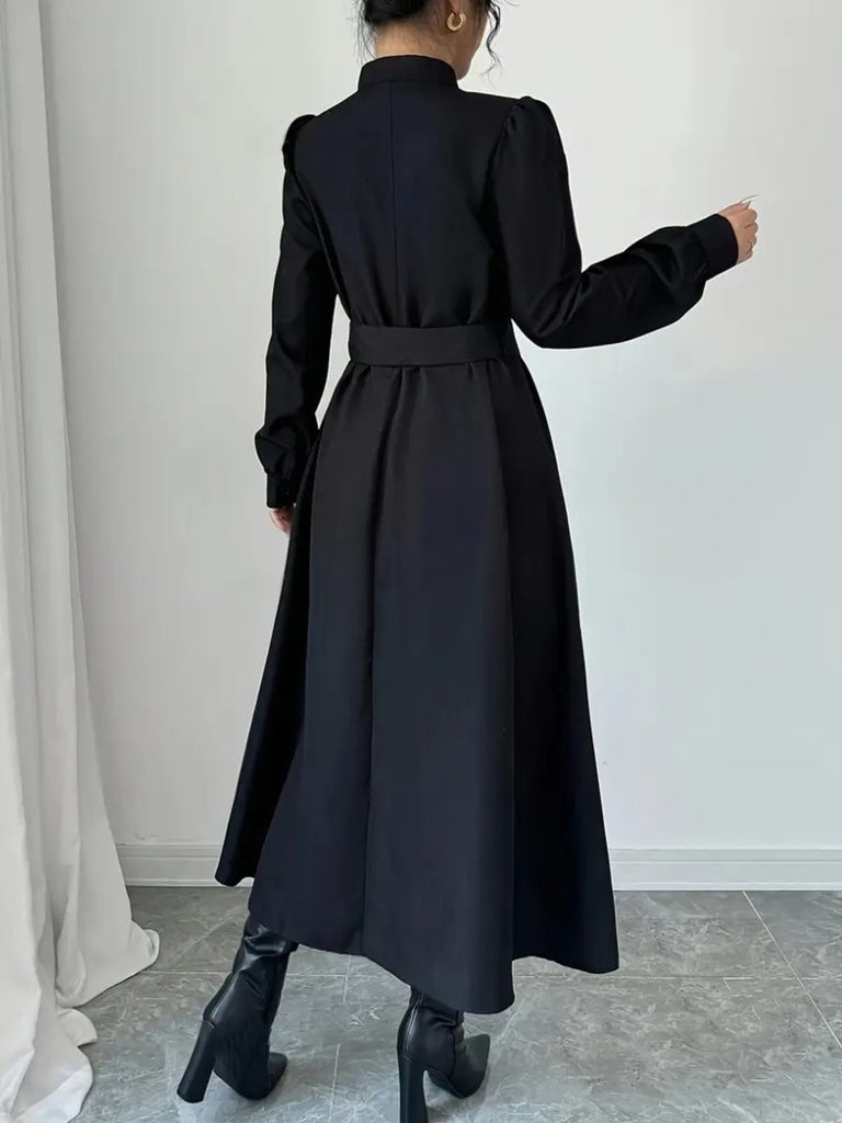 Black 1970s Solid Button Belted Dress - vintage dress, retro fashion, classic black