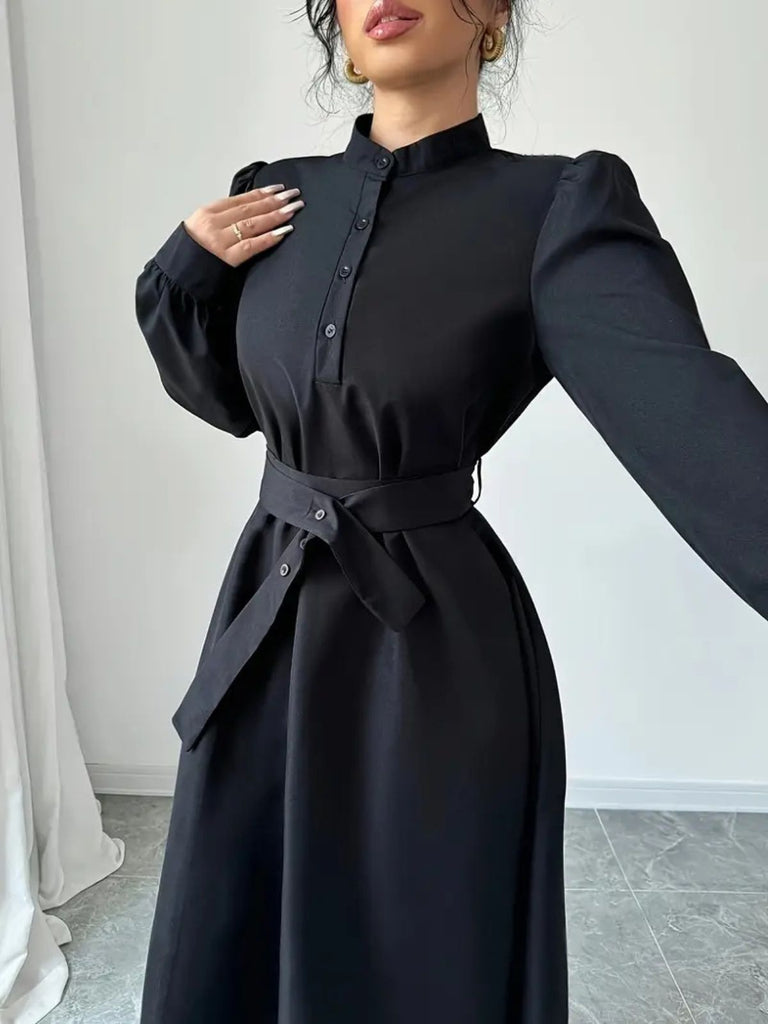 Black 1970s Solid Button Belted Dress - vintage dress, retro fashion, classic black