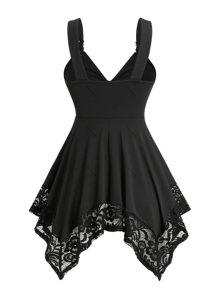 [Plus Size] Black 1970s Solid Heart Button Lace Tunic Top, vintage top, retro blouse - perfect for women who love vintage and retro fashion