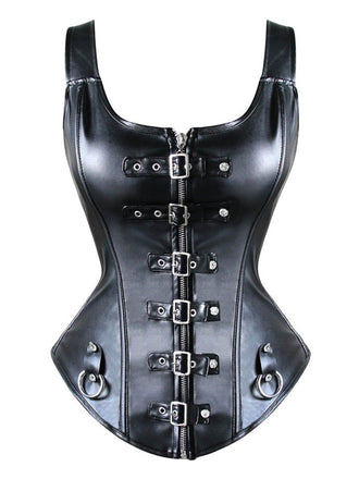 Black 1970s Square Neck Leather Steampunk Top - vintage fashion, retro style, classic black