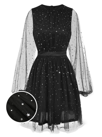 Black 1970s Star Sequins Lantern Sleeve Dress, vintage dress, retro fashion - perfect for women who love vintage and retro fashion