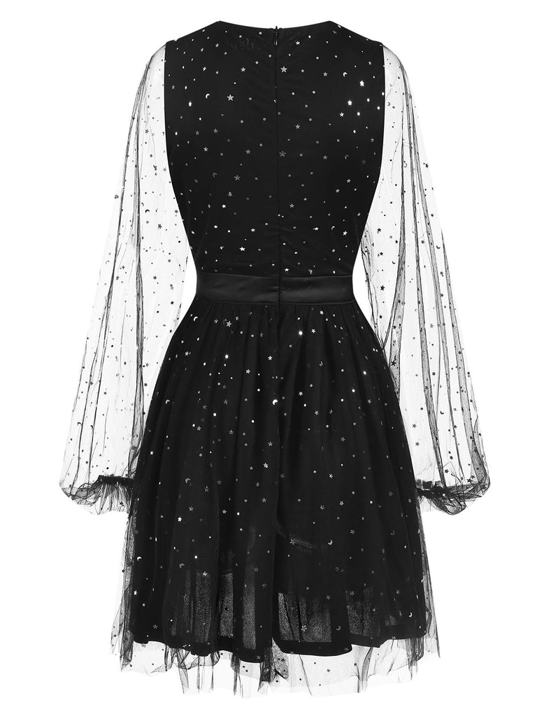 Black 1970s Star Sequins Lantern Sleeve Dress, vintage dress, retro fashion - perfect for women who love vintage and retro fashion