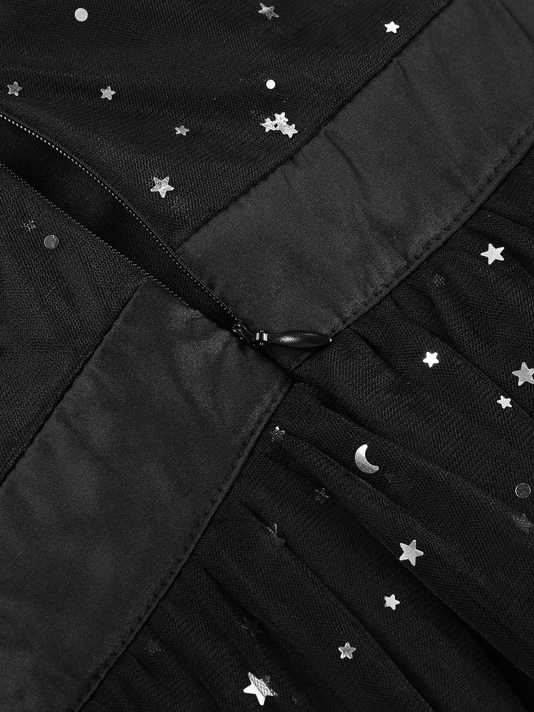 Black 1970s Star Sequins Lantern Sleeve Dress, vintage dress, retro fashion - perfect for women who love vintage and retro fashion