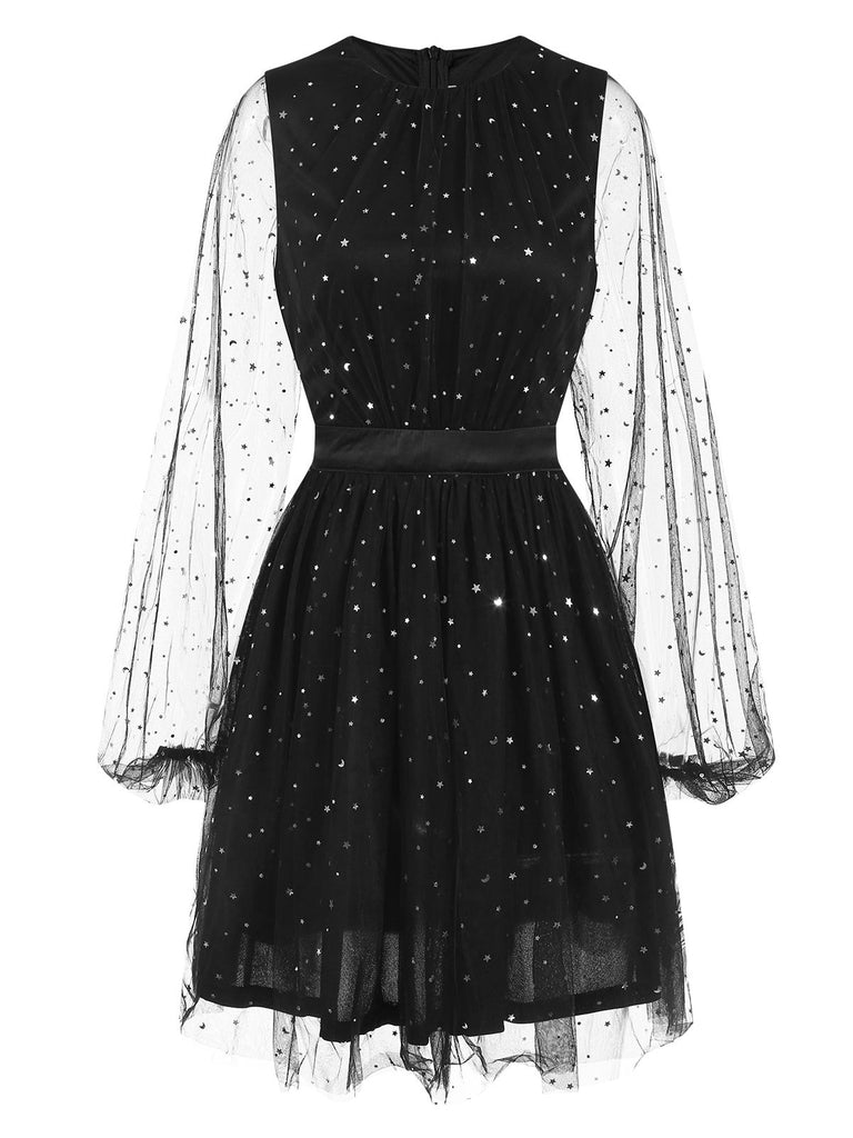Black 1970s Star Sequins Lantern Sleeve Dress, vintage dress, retro fashion - perfect for women who love vintage and retro fashion