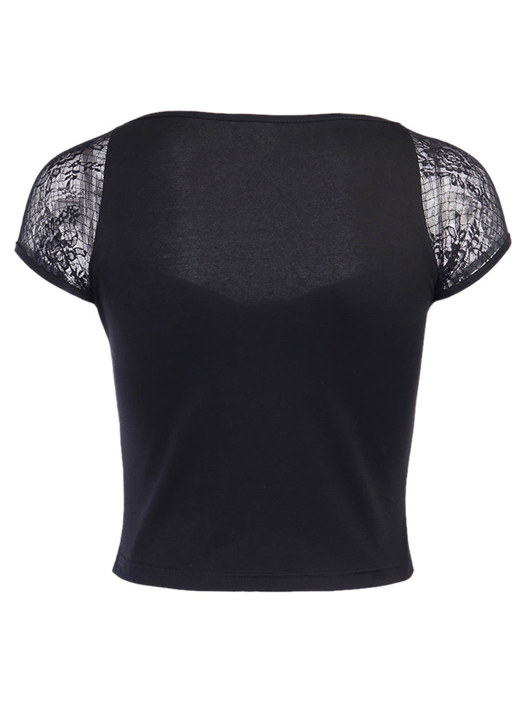 Black 1970s Steampunk Gothic Lace Tie-Front Top - vintage fashion, retro style, classic black
