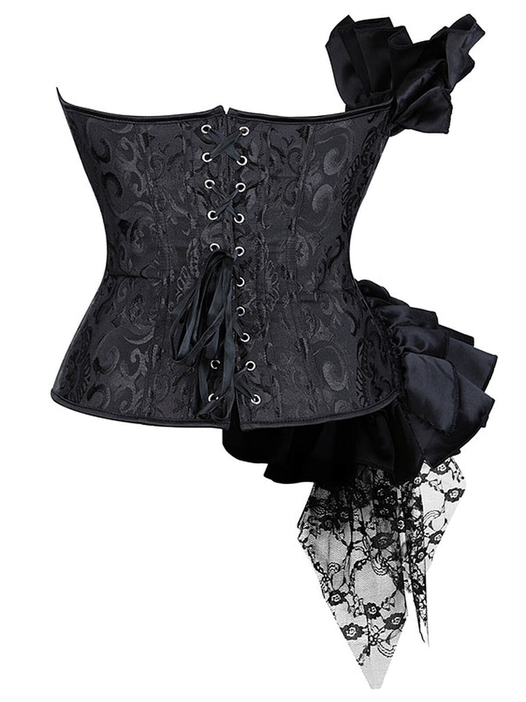 This Black 1970s Stempunk Ruffled Lace Patchwork Corset is 1970s romance against her skin