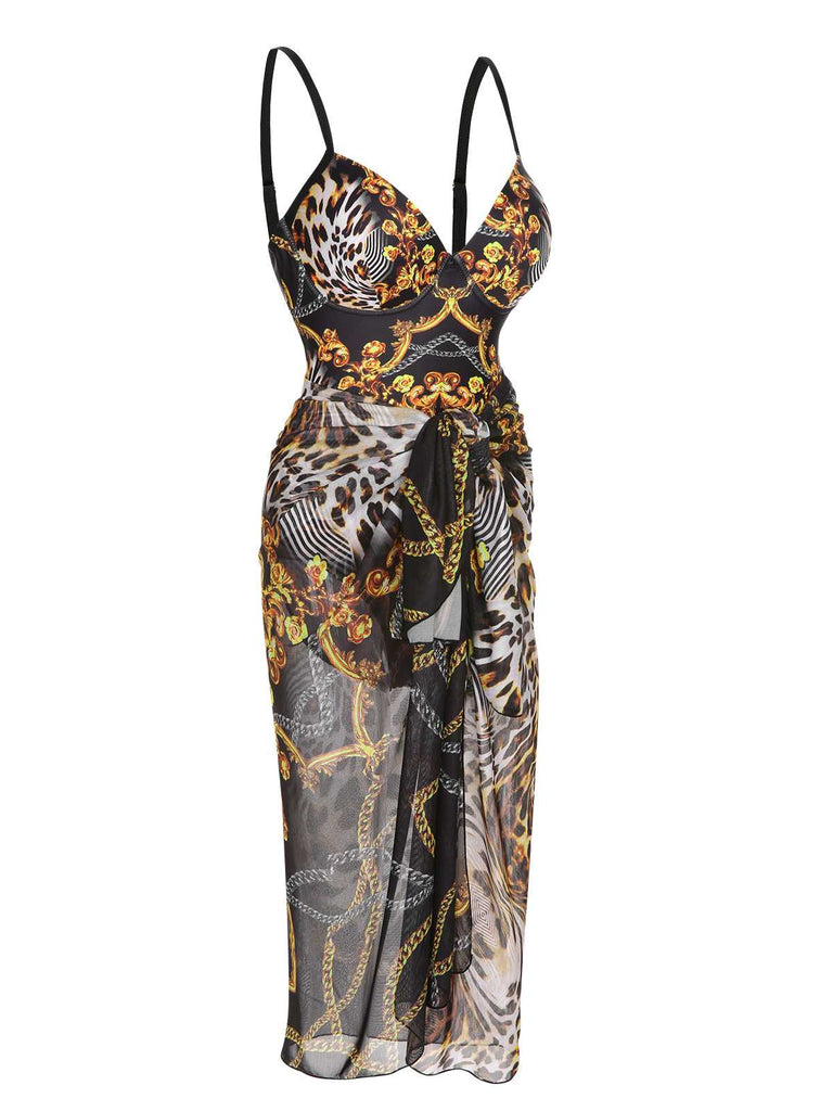Black 1970s Strap Print One-Piece Swimsuit & Cover-Up: 1970s Riviera elegance, reimagined for her