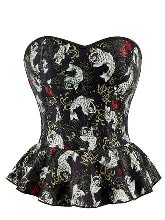 Black 1970s Strapless Koi Fish Print Ruffle Corset - vintage fashion, retro style, classic black