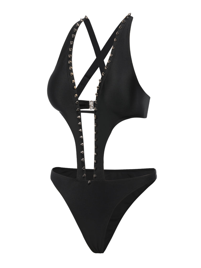 This Black 1970s Studded Cutout One-Piece Swimsuit carries 1970s vacation dreams in every stitch