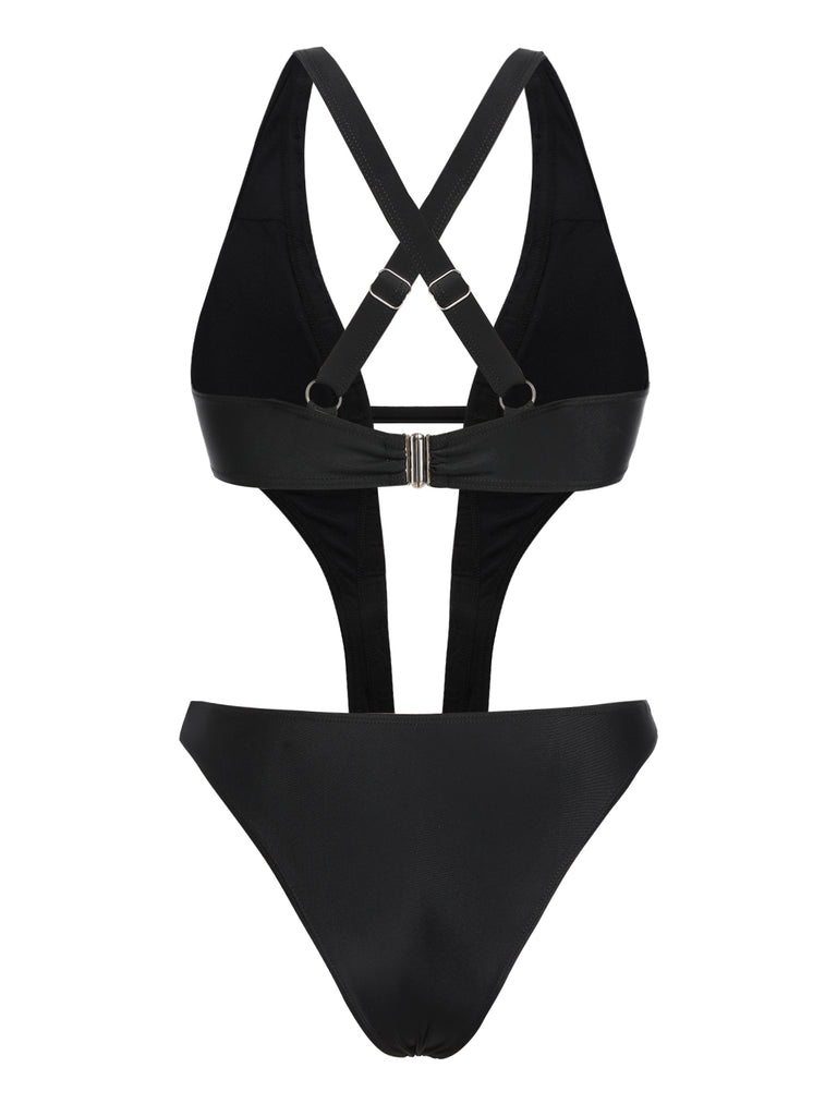 Black 1970s Studded Cutout One-Piece Swimsuit — because 1970s glamour never goes out of style