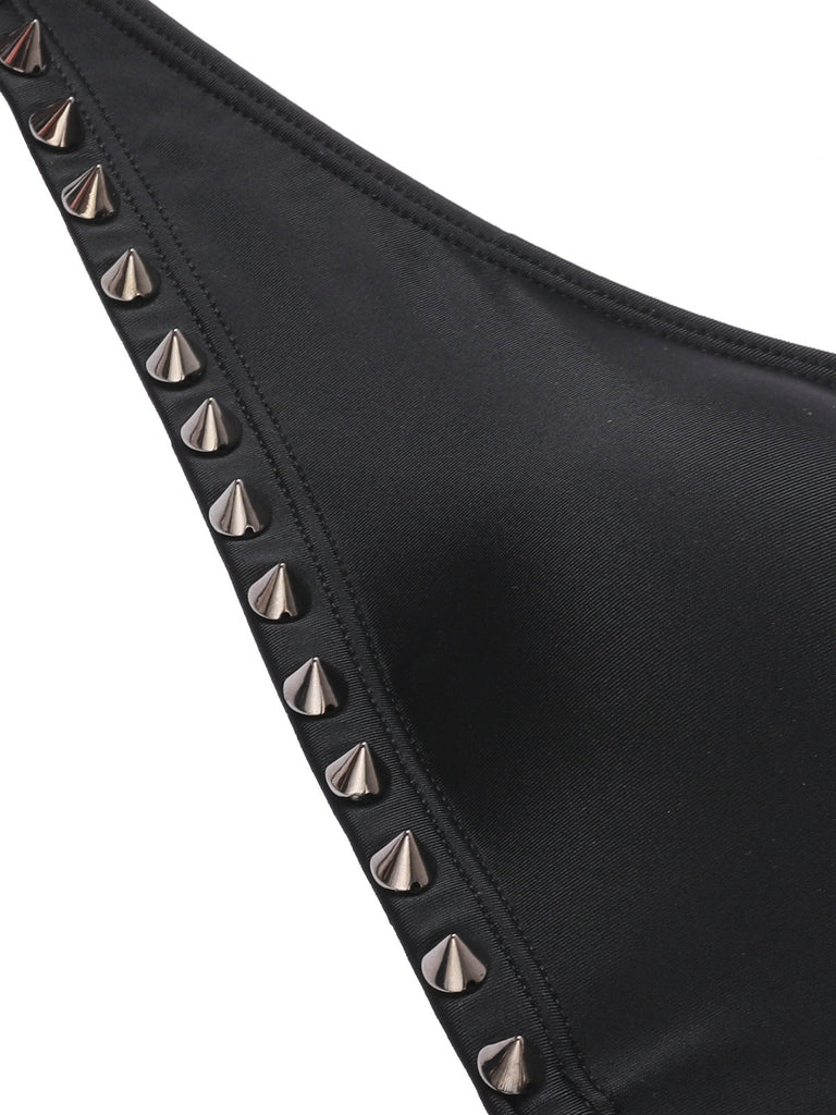 Black 1970s Studded Cutout One-Piece Swimsuit — 1970s poolside glamour meets sun-drenched confidence