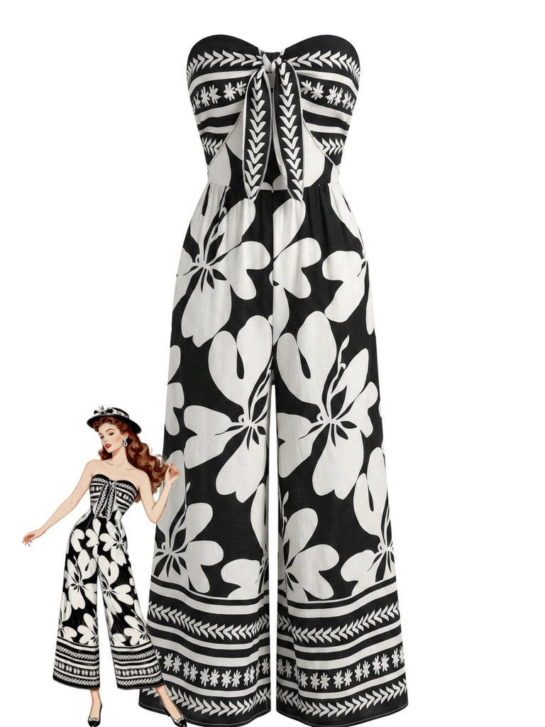 Black 1970s Tie-Front Big Floral Strapless Jumpsuit