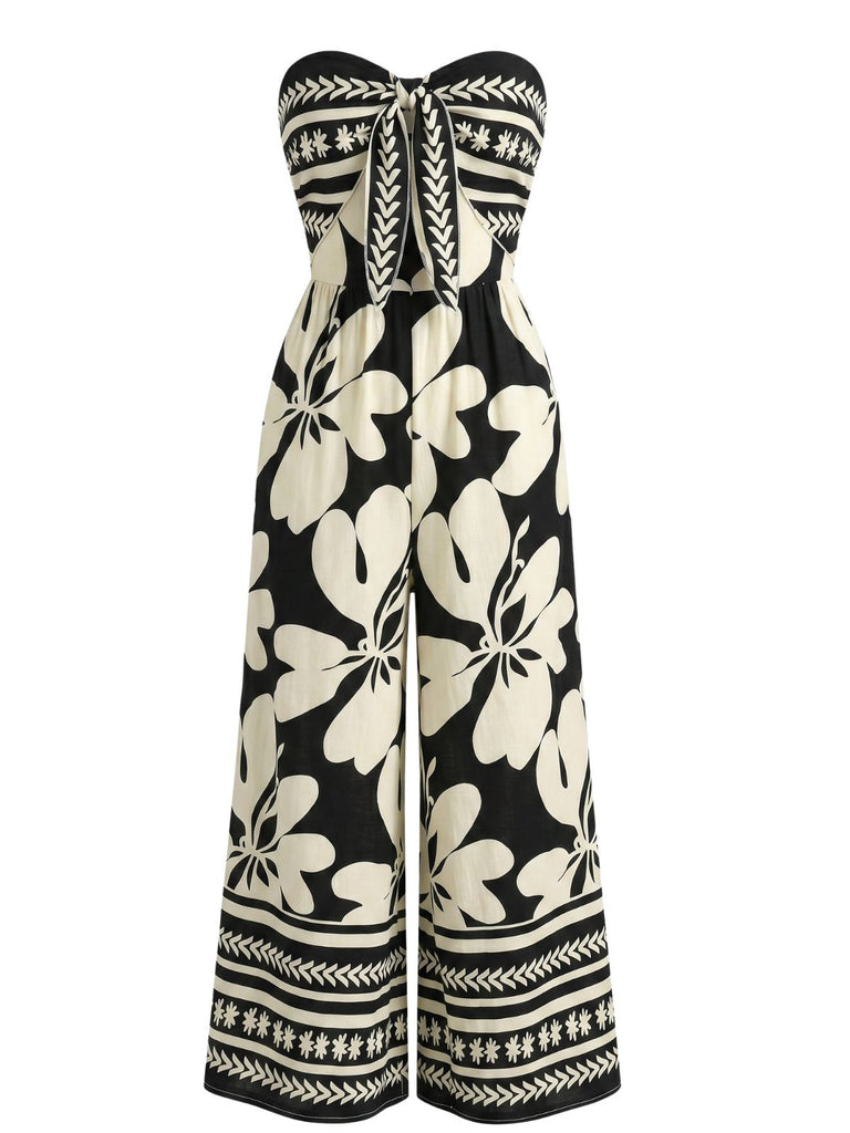 Black 1970s Print Strapless One Piece Jumpsuit 5