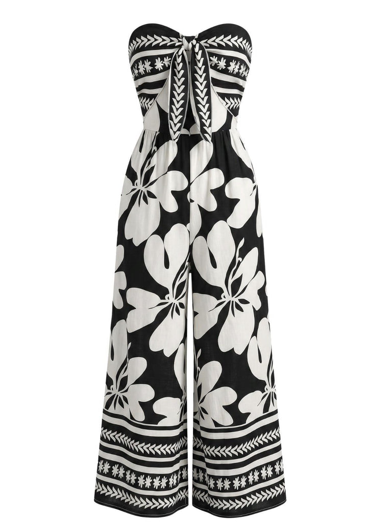 Black 1970s Tie-Front Big Floral Strapless Jumpsuit
