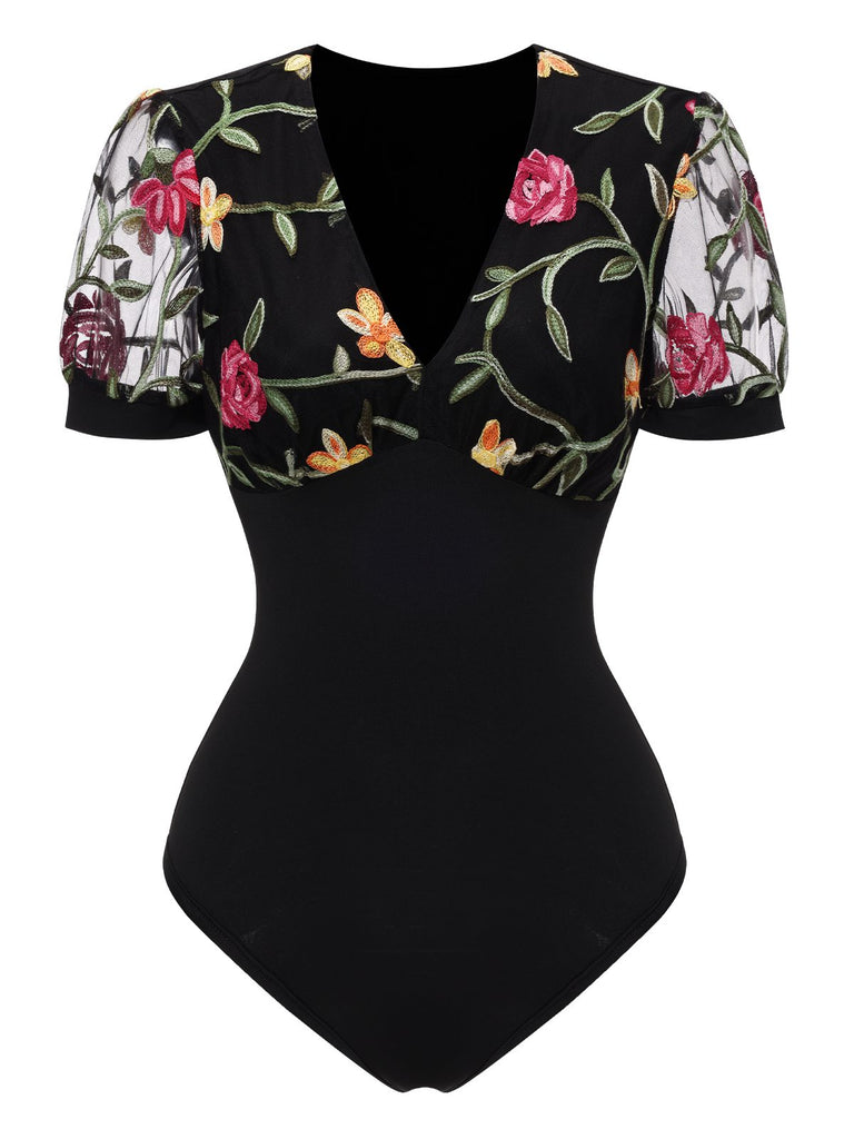 1970s VNeck Embroide Floral Bodysuit | 1970s | vintage fashion, retro style
