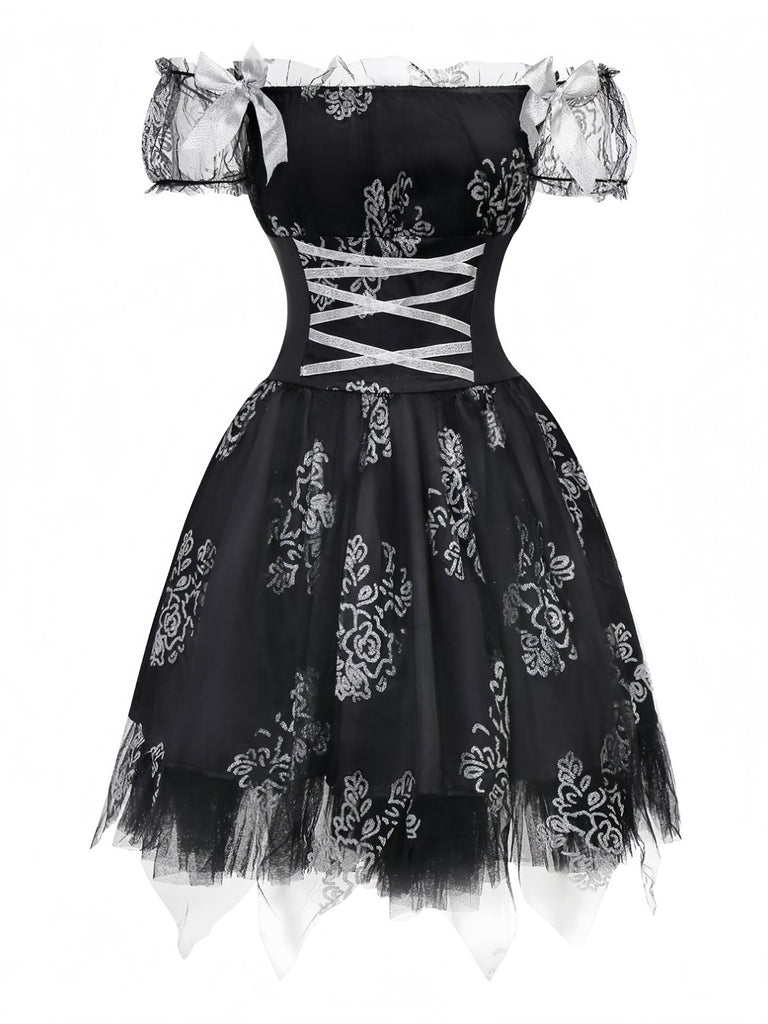 Black 1970s Vampire Bride Off-Shoulder Mesh Dress, vintage dress, retro fashion - perfect for women who love vintage and retro fashion
