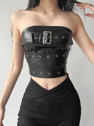 Black 1980s Bandeau Punk Leather Top - vintage fashion, retro style, classic black