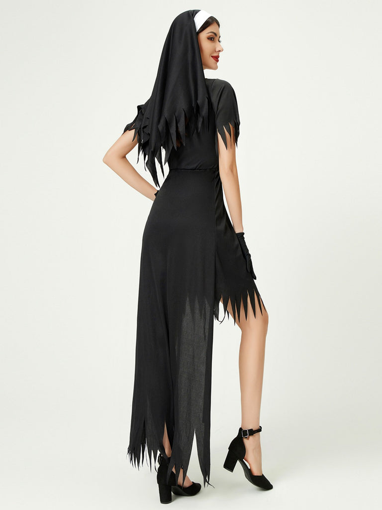 Black 1980s Cross Patchwork Dress & Nun Veil & Gloves: where 1980s romance meets her modern spirit