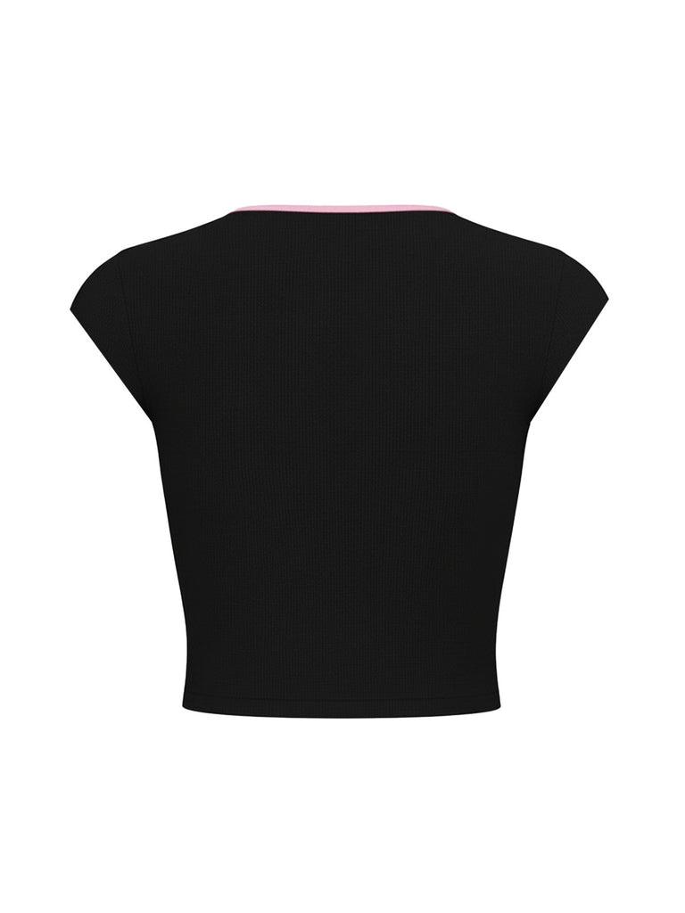 Black 1980s Cutout Flower Crop Top - vintage fashion, retro style, classic black