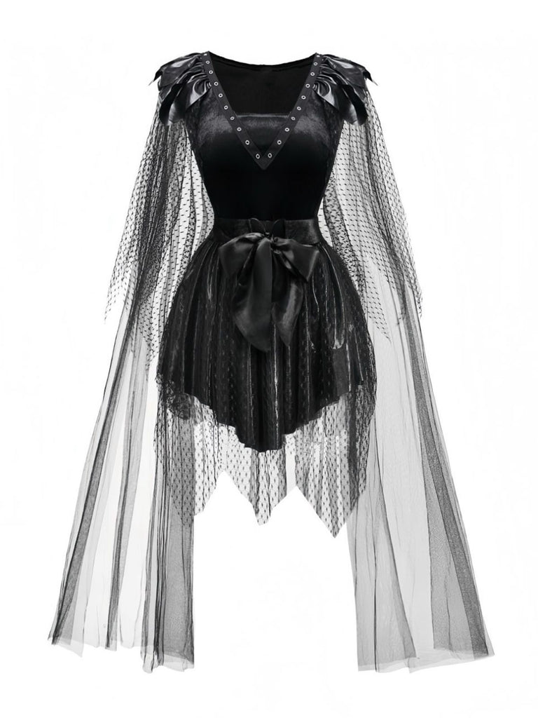 Black 1980s Devil Bat Punk Style Mesh Dress - vintage dress, retro fashion, classic black