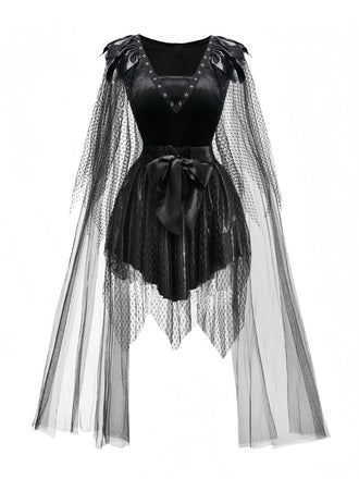 Black 1980s Devil Bat Punk Style Mesh Dress - vintage dress, retro fashion, classic black