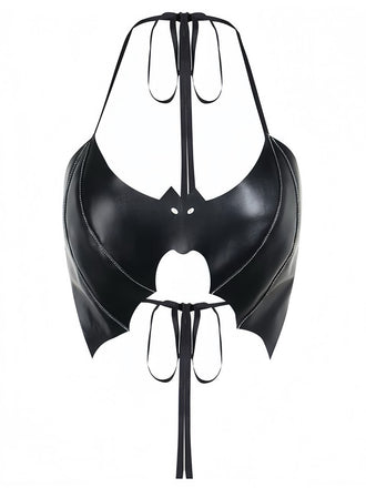 Black 1980s Gothic Bat Lace-Up Halter Top - vintage fashion, retro style, classic black