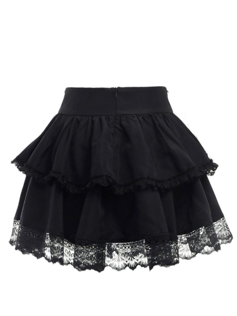 Black 1980s Gothic Chain Cross Lace Layered Skirt - vintage skirt, retro style, classic black