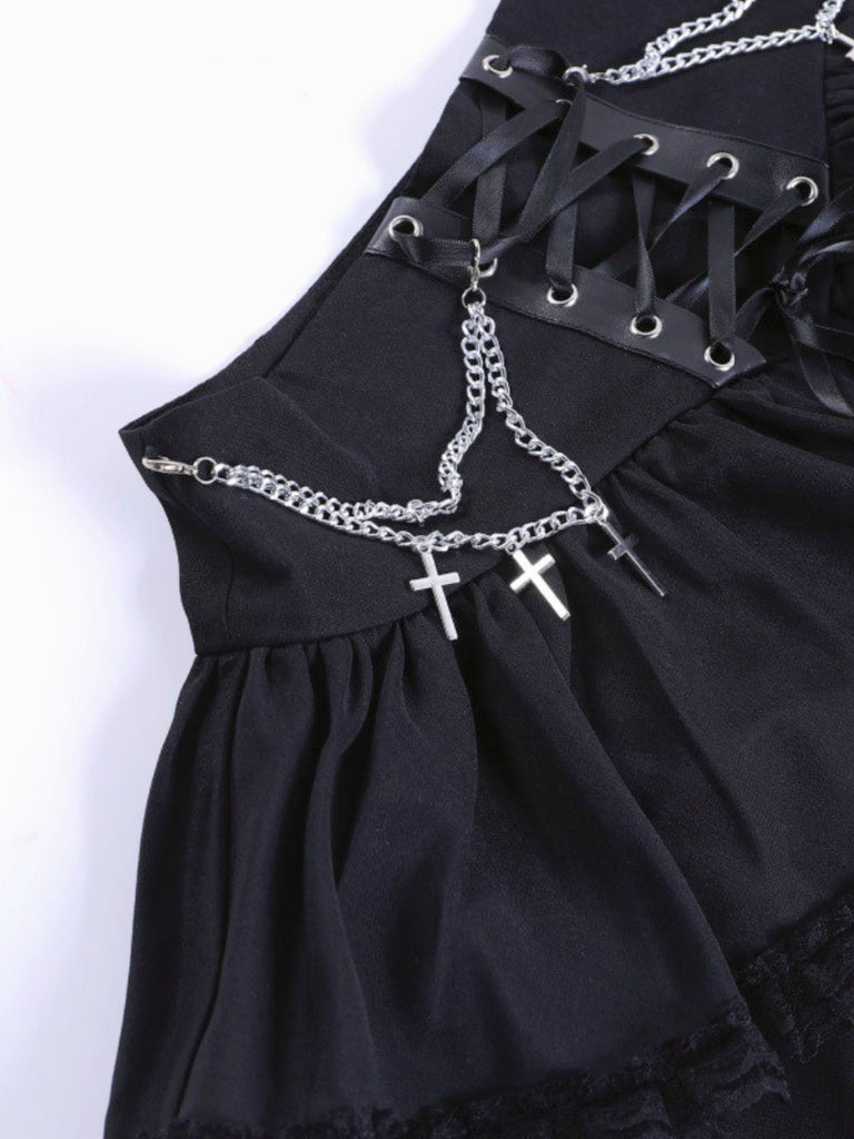 Black 1980s Gothic Chain Cross Lace Layered Skirt - vintage skirt, retro style, classic black