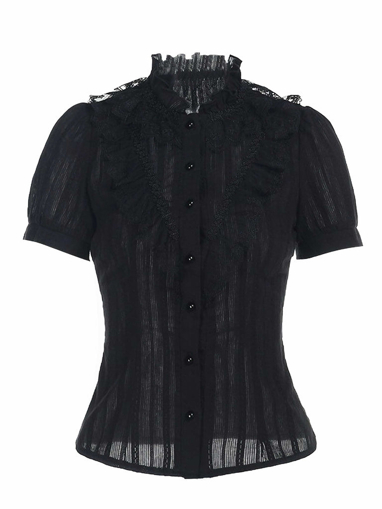 Black 1980s Gothic Pure Cotton Ruffled Blouse - vintage fashion, retro style, classic black