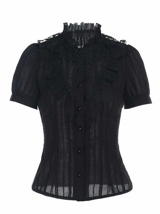 Black 1980s Gothic Pure Cotton Ruffled Blouse - vintage fashion, retro style, classic black