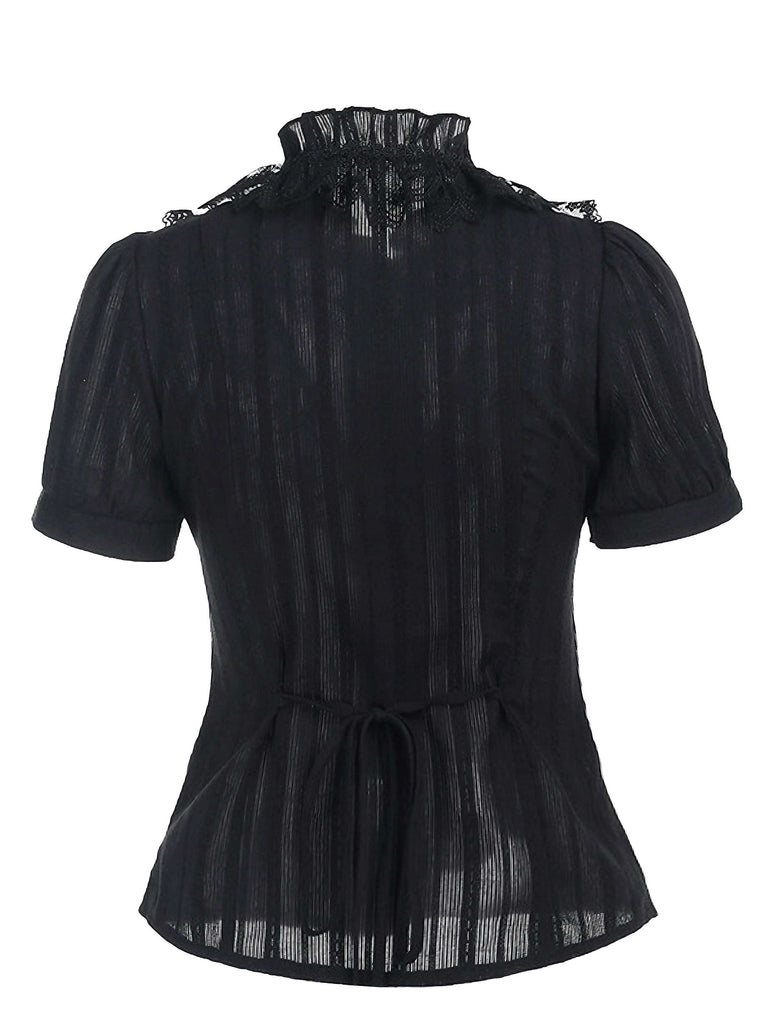 Black 1980s Gothic Pure Cotton Ruffled Blouse - vintage fashion, retro style, classic black