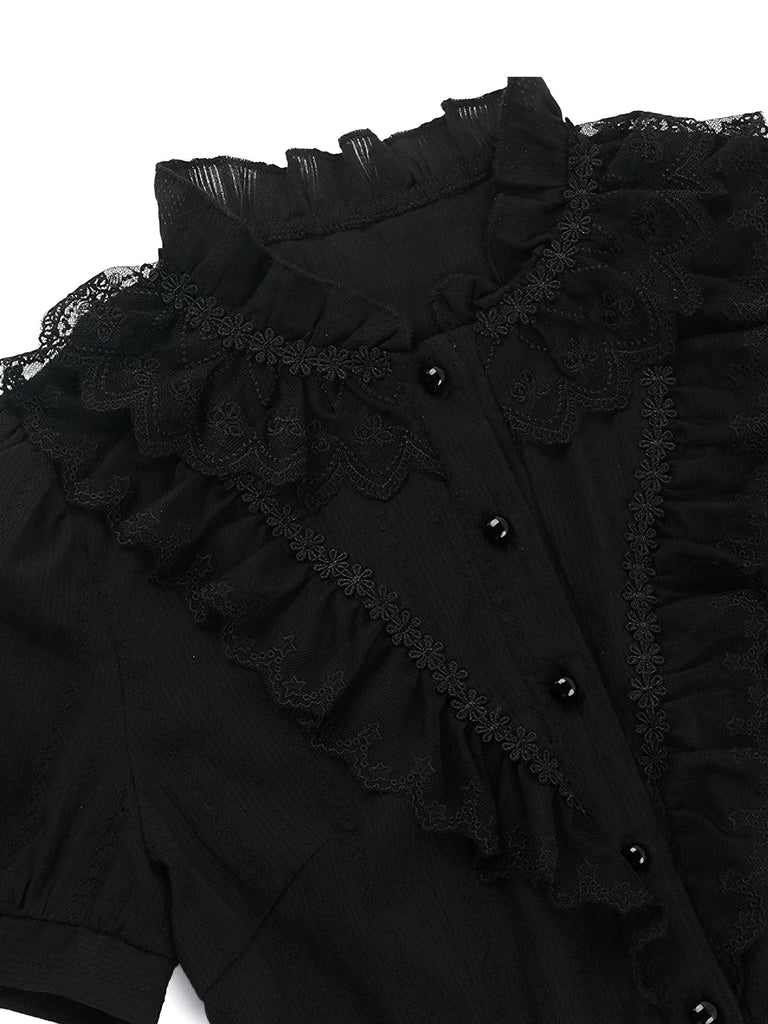 Black 1980s Gothic Pure Cotton Ruffled Blouse - vintage fashion, retro style, classic black