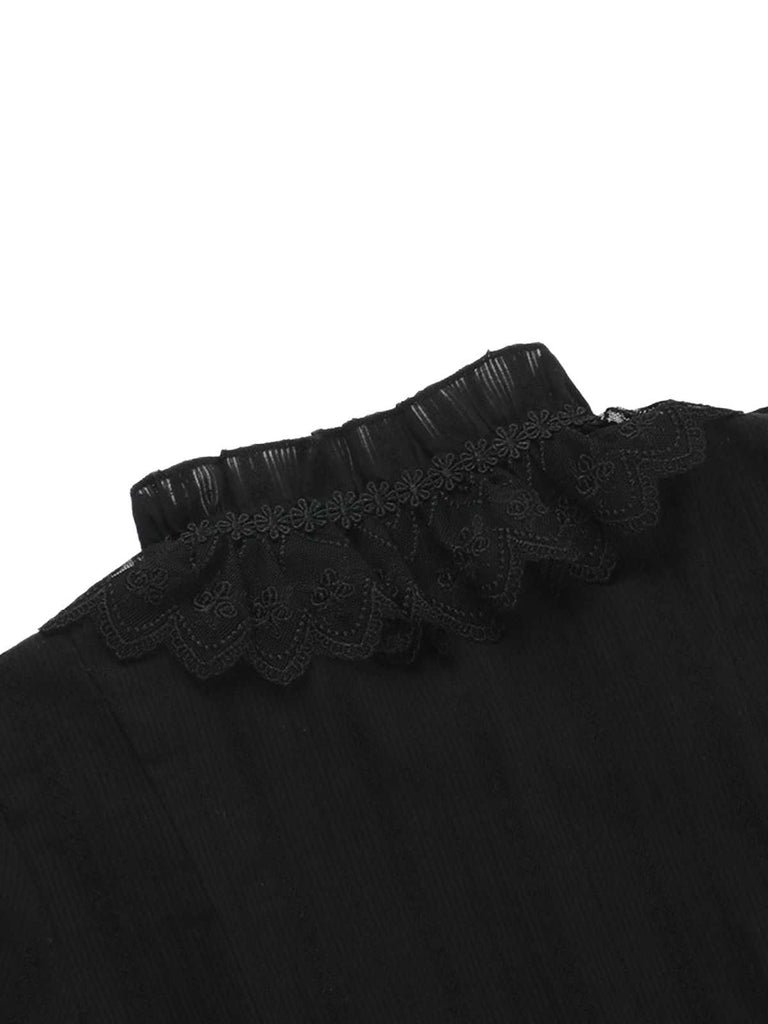 Black 1980s Gothic Pure Cotton Ruffled Blouse - vintage fashion, retro style, classic black