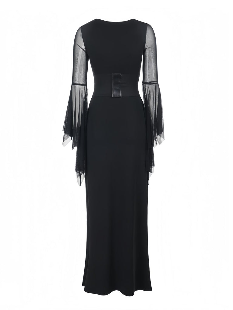 Black 1980s Gothic Sheer Sleeve Corset Slit Dress - vintage dress, retro fashion, classic black