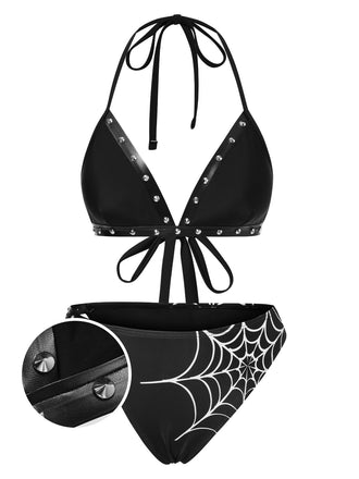 Black 1980s Gothic Spider Web Rivets Bikini Set, vintage swimsuit, pin-up swimwear - perfect for women who love vintage and retro fashion