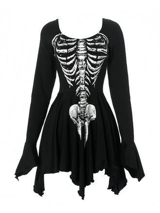 Black 1980s Halloween Skull Print Mini Dress - vintage dress, retro fashion, classic black