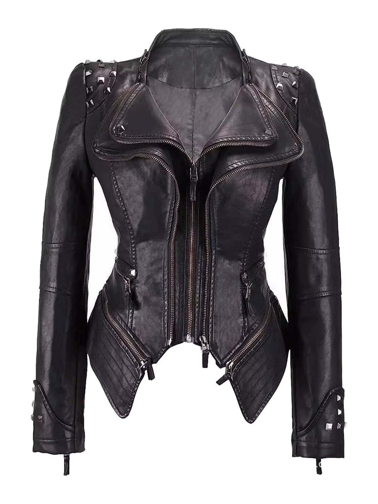 Black 1980s Irregualr Hem Rivet Motocycle Jacket - vintage fashion, retro style, classic black