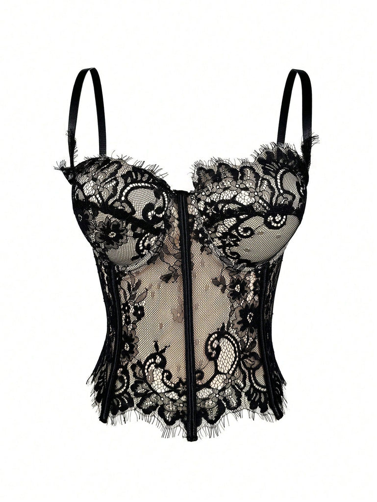 Black 1980s Lace Steampunk Herringbone Corset - vintage fashion, retro style, classic black