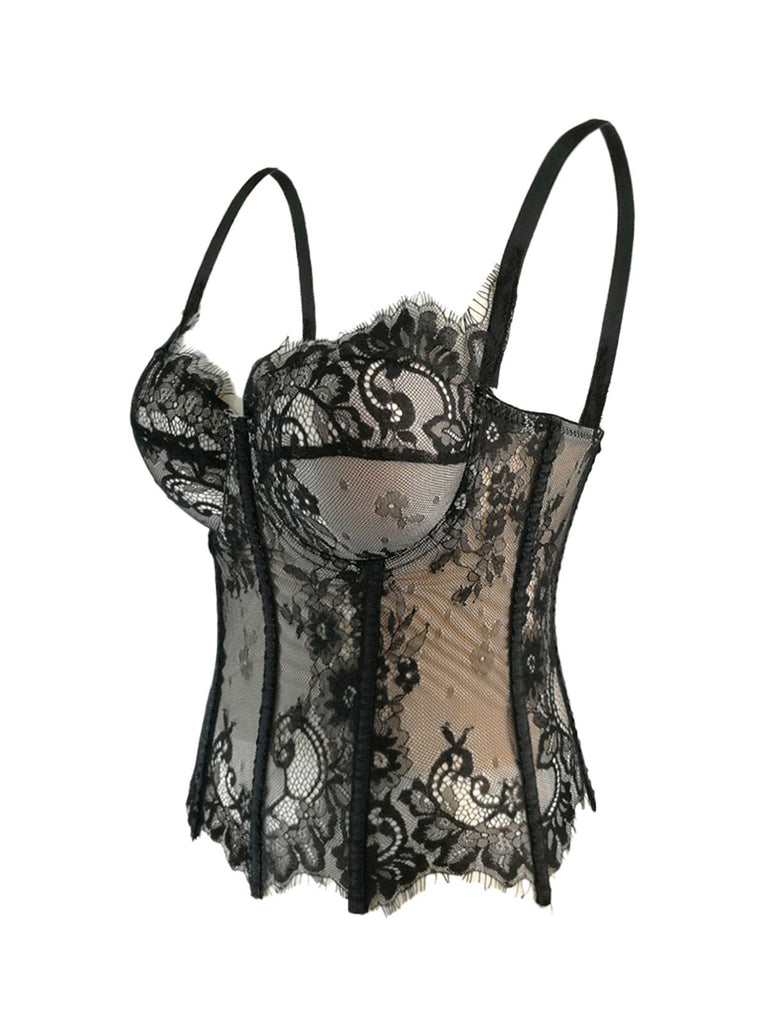 Black 1980s Lace Steampunk Herringbone Corset - vintage fashion, retro style, classic black