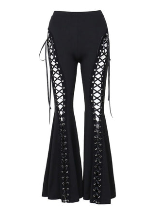 Black 1980s Punk Drawstring Laced Bootcut Pants - vintage fashion, retro style, classic black