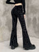 Black 1980s Punk Vine Print Velvet Bootcut Pants - vintage fashion, retro style, classic black