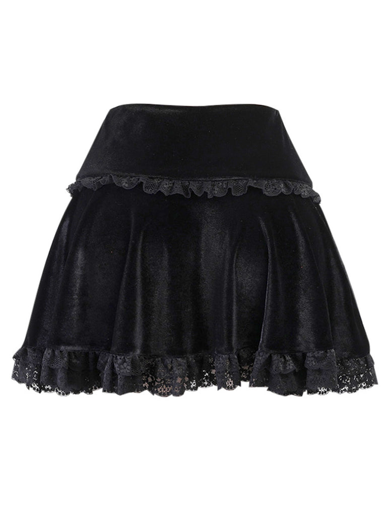 Black 1980s Solid Embroidered Lace Skirt: 1980s grace for the woman who dances through life